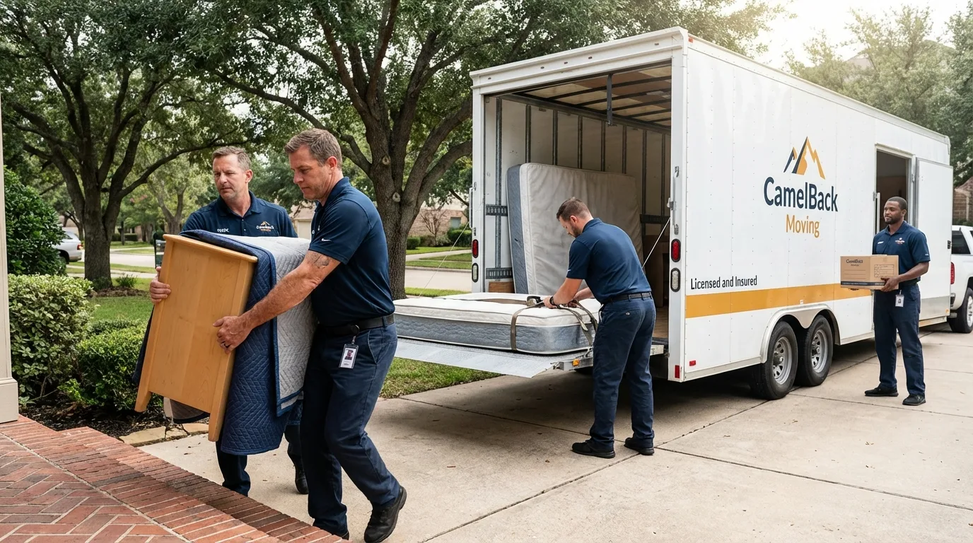 Crew loading residential truck for cross-state move from Williston, ND