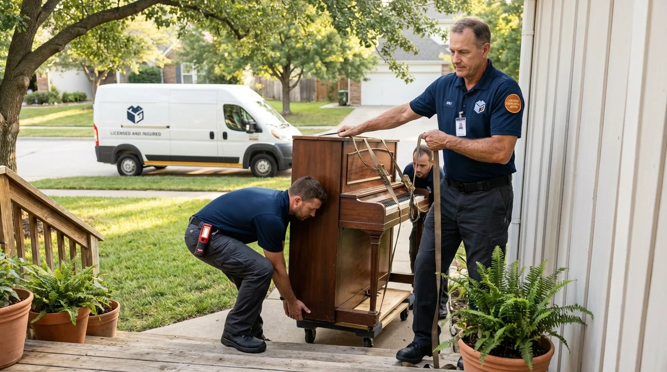 Licensed piano movers securing grand piano in Williston, ND
