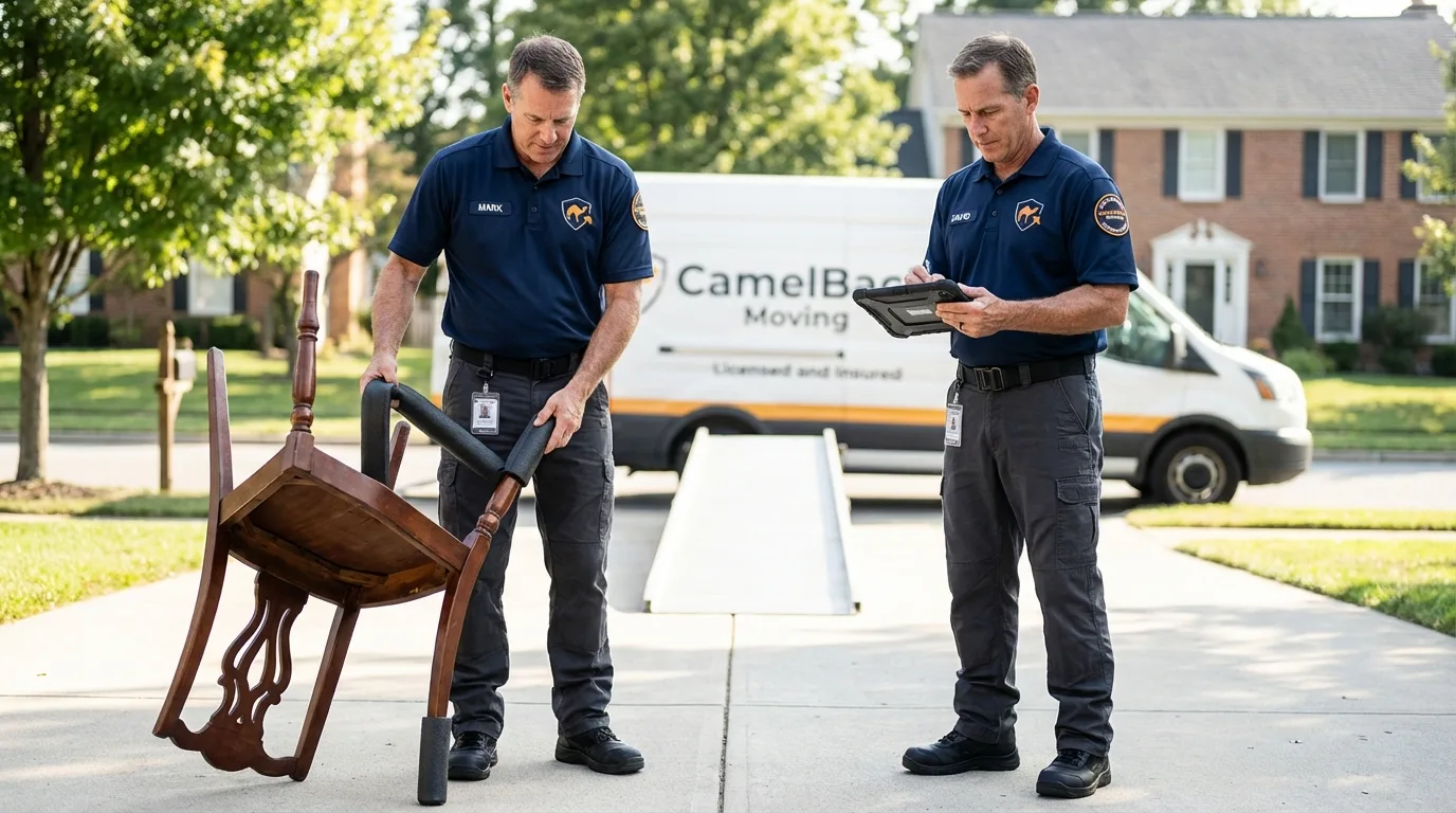 Movers inspecting furniture for damage prevention before loading in Williston, ND