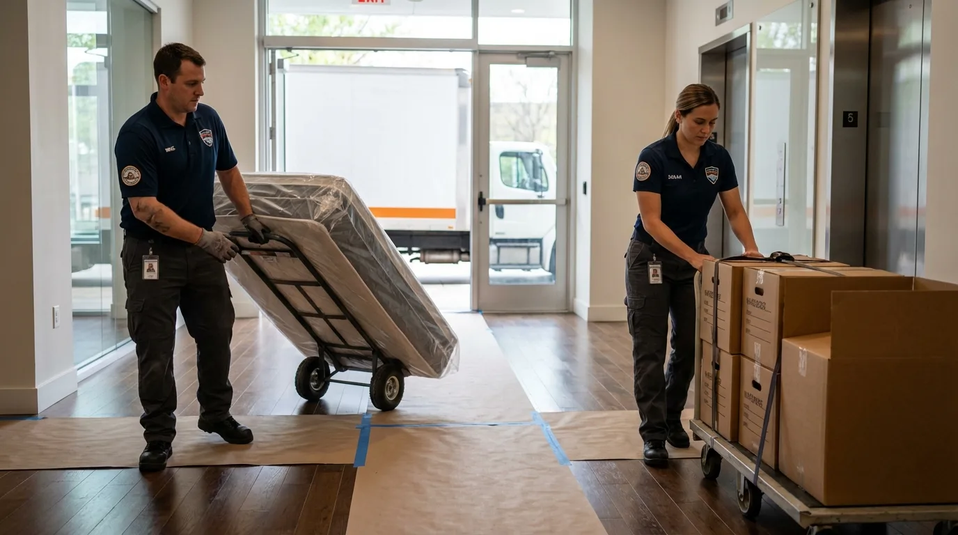 Professional apartment movers loading elevator in Williston, ND